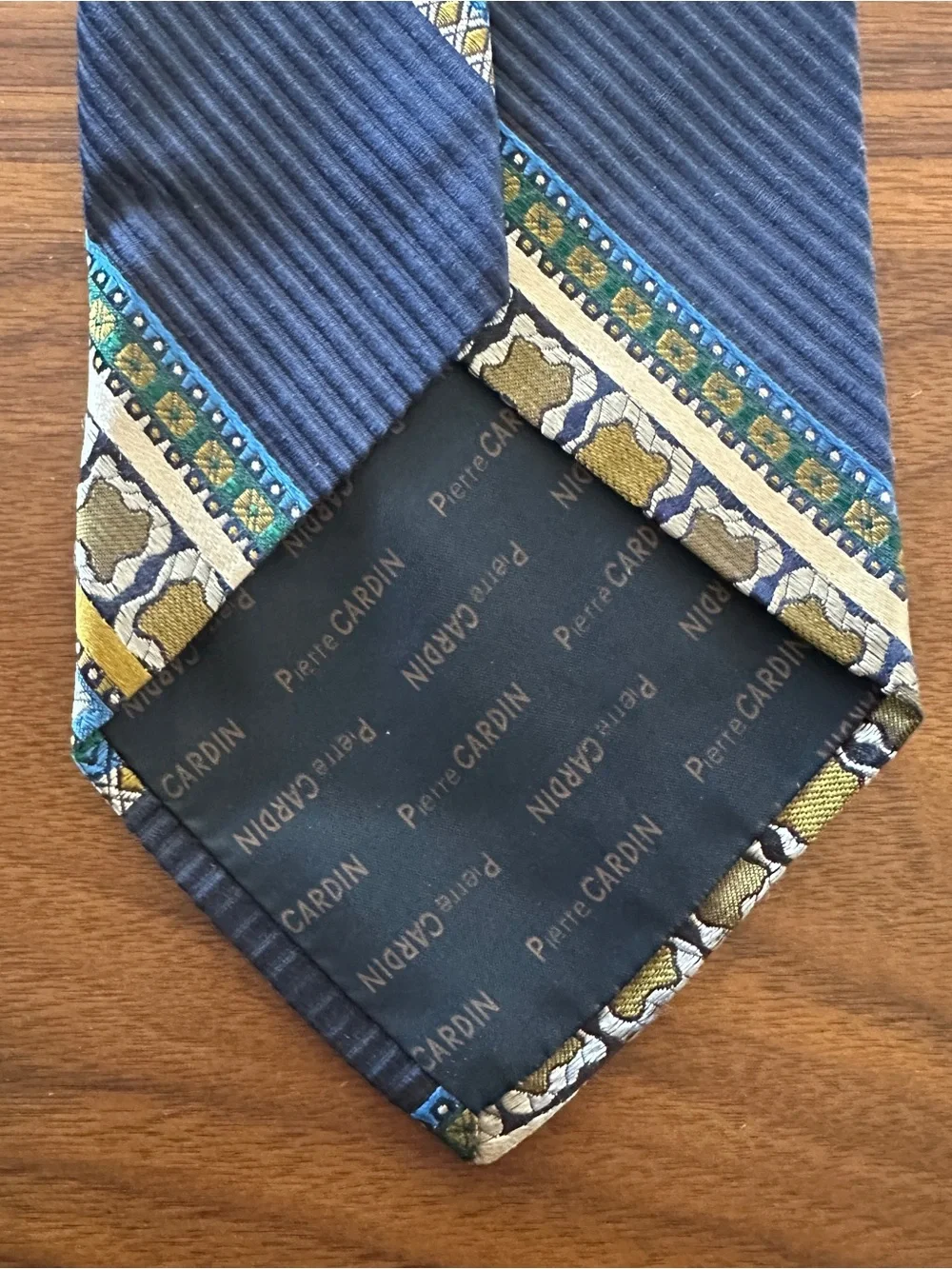 Pierre Cardin Silk Tie in Navy, Gold and Green Pattern